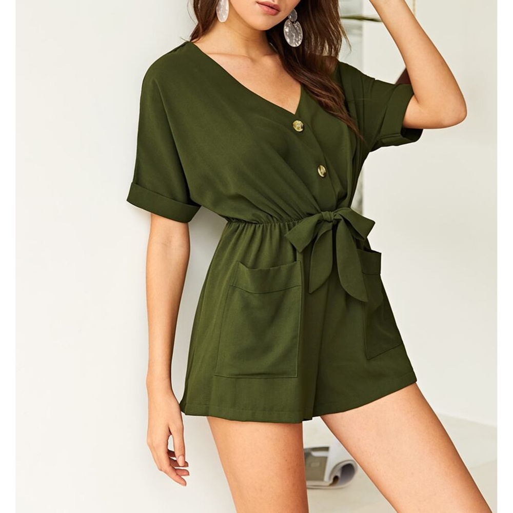 Military Green Short Sleeve Button Down Romper - Picture 3 of 6